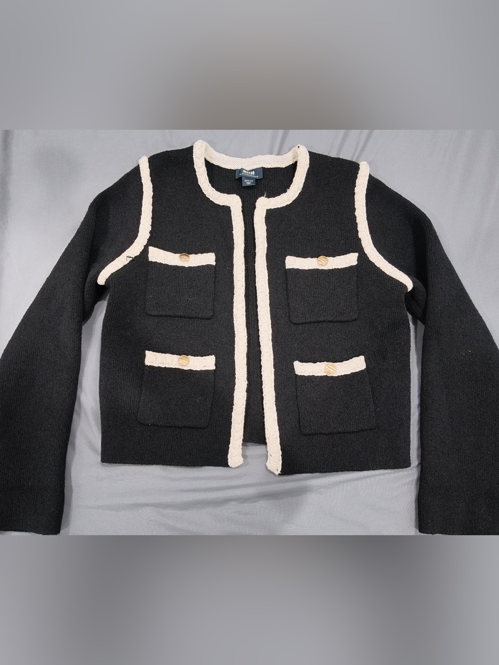 Anthropologie Black Jacket with Cream Trim and Pocket Accents